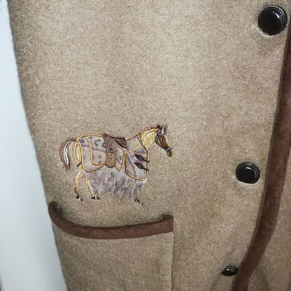 VINTAGE ÉRIC ALEXANDRE Beige Horses Embrodery Boiled Wool Cardigan Size Medium - Picture 6 of 13